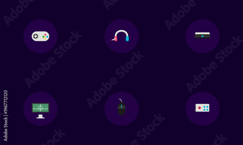 Hand-drawn collection of digital gaming icons including controllers headsets and monitors representing modern competitive esports tournament authentic illustration