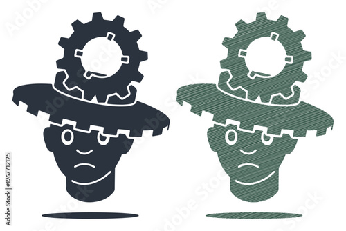 Two stylized heads with gears on top, representing complex thought or mechanical thinking.