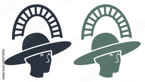Minimalist farmer head vector icon, gardener in wide brim hat, agricultural worker profile symbol