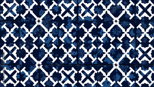 Seamless traditional japanese geometric pattern featuring white overlapping circles on a dark blue background for classic asian textiles and oriental interior decor.