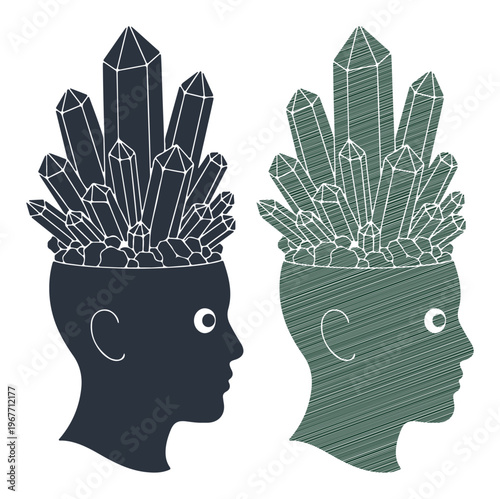 Crystalline mind vector illustration, human head with crystal crown, mental health and clarity concept