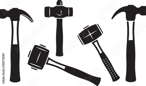 Black and white illustration of various hammers and tools