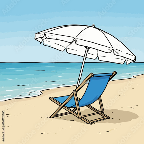 Relaxing summer vacation illustration with two lounge chairs under an umbrella on a beautiful tropical beach for peaceful travel and tourism concepts.