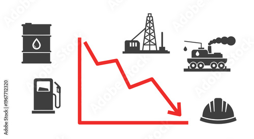 Industrial decline graph with icons. Vector Illustrations. EPS Editable