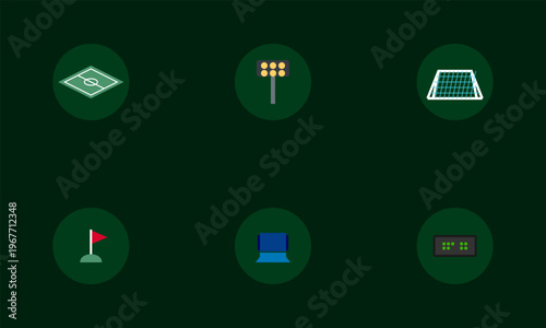 Hand-drawn collection of soccer stadium infrastructure elements including pitch floodlights stands flags and scoreboards for professional authentic illustration