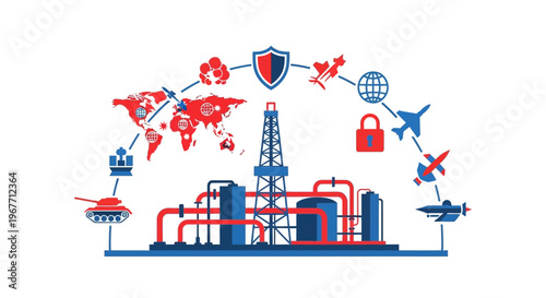 Industrial factory with security symbols. Vector Illustrations. EPS Editable