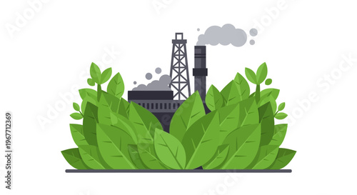 Industrial factory with green leaves. Vector Illustrations. EPS Editable