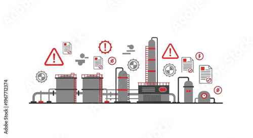 Industrial factory with warning signs. Vector Illustrations. EPS Editable