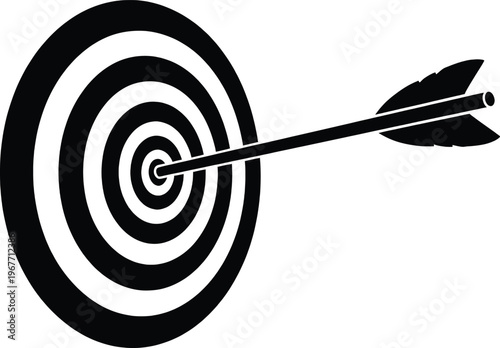 A black and white illustration of an arrow hitting the center of a target. Vector