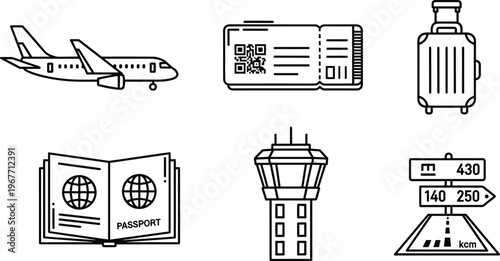 Travel and airport icon set featuring airplane, boarding ticket, passport, luggage, control tower, direction sign and aviation journey line vector illustration