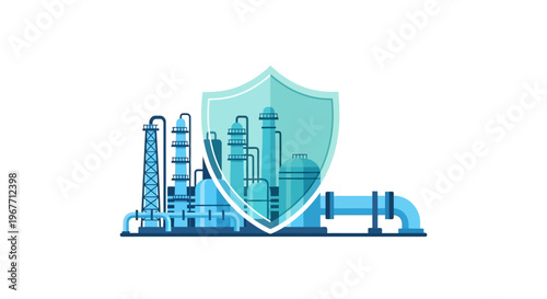 Industrial factory with shield protection. Vector Illustrations. EPS Editable