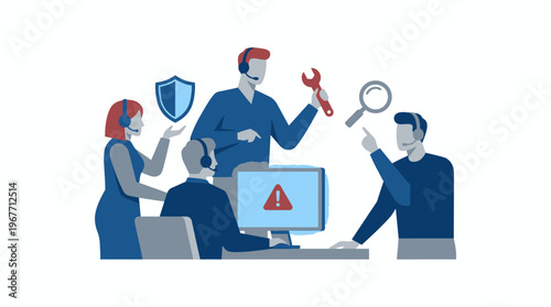 IT Support Team Resolving Computer Error with Tools and Collaboration. Vector Illustrations. EPS Editable