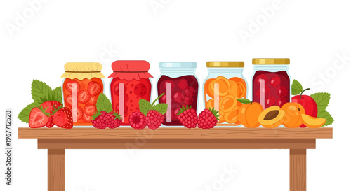 Jars of homemade fruit preserves. Vector Illustrations. EPS Editable