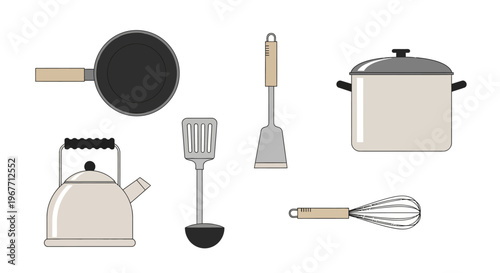 Kitchen Cooking Utensils and Pots. Vector Illustrations. EPS Editable