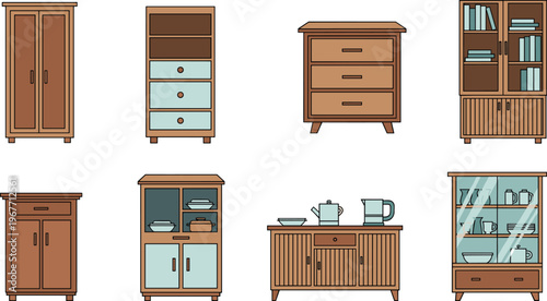 Wooden cabinet furniture collection, modern cupboard, drawer chest and kitchen storage units with shelves and glass doors, home interior design flat illustration set