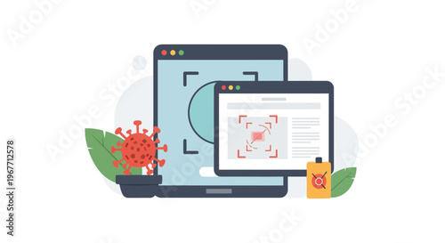 Laptop and tablet with virus graphic. Vector Illustrations. EPS Editable