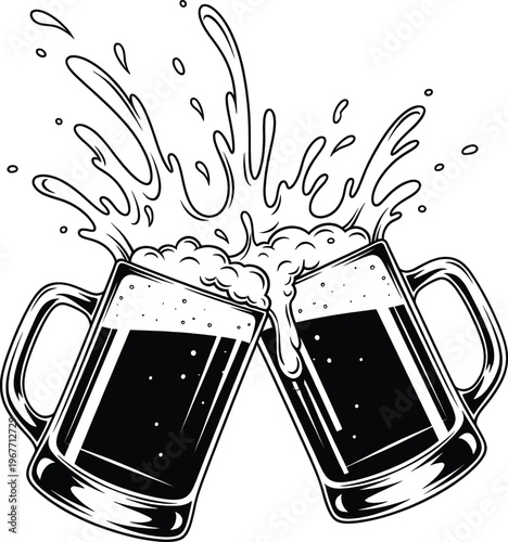 Two mugs of beer clinking together in a celebratory toast Vector