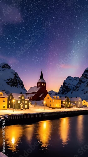 Winter Village Under Northern Lights Aurora Borealis Stars Night Sky