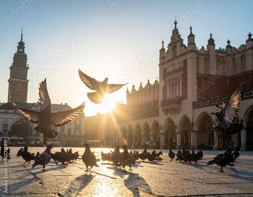 Pigeons Flying in Krakows Main Market Square at Sunrise with Cloth Hall and Town Hall Tower.