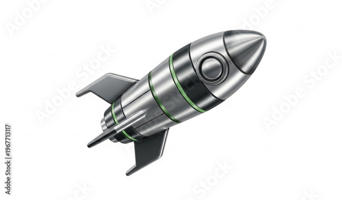 Futuristic brushed metal rocket icon in dynamic perspective flight minimal 3D vector isolated on white background