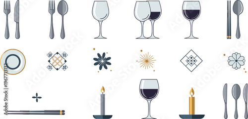 Restaurant Table Setting Icon Set with Cutlery, Wine Glass, Plate, Chopsticks, Candle and Dining Elements Flat Vector Collection Isolated on White Background