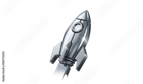 3D metallic rocket icon flying upward in perspective modern chrome space launch vector isolated on white