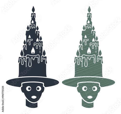 Surreal witch hat illustration, mystical candle hat vector, gothic occult character design