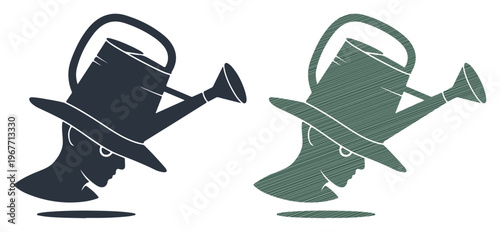 Surreal gardener profile silhouette, man wearing watering can hat, creative gardening concept vector