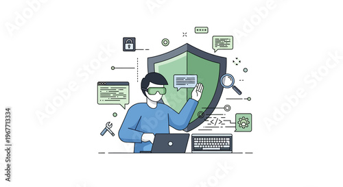 Man in blue shirt using laptop. Vector Illustrations. EPS Editable