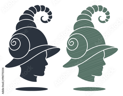 Surreal snail shell hat on human profile, fantasy nautilus headwear vector, whimsical fashion silhouette