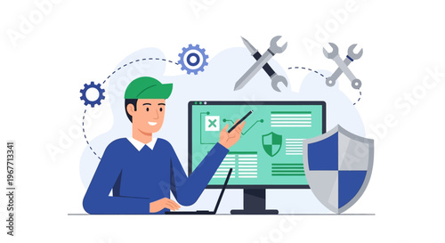 Man in Green Cap Explaining Computer Security and Technical Support. Vector Illustrations. EPS Editable