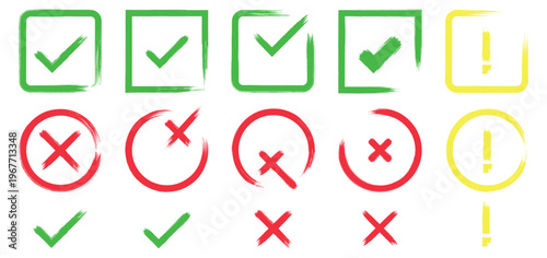 Grunge vector  check mark and cross element. Grunge green check mark and red cross mark icon set. Grunge brush style check mark and cross icon set. Vector illustration 