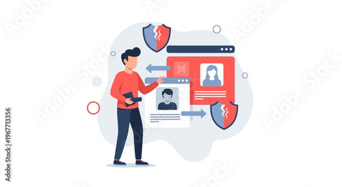 Man managing user data and online privacy with security shields. Vector Illustrations. EPS Editable