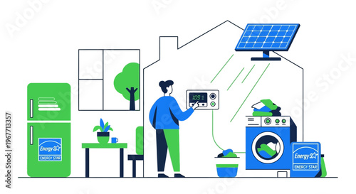 Man interacting with smart home devices. Vector Illustrations. EPS Editable