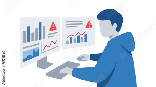 Man Monitoring Data Analytics and System Alerts on Multiple Screens. Vector Illustrations. EPS Editable