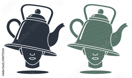 Surreal teapot hat illustration, whimsical tea lover character vector, creative kettle head icon set