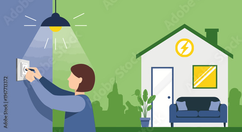 Man installing smart home light bulb. Vector Illustrations. EPS Editable
