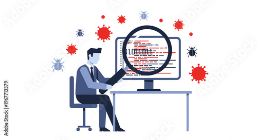 Man sitting at computer desk working. Vector Illustrations. EPS Editable
