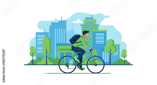 Man Riding a Bicycle Quickly Outdoors. Vector Illustrations. EPS Editable