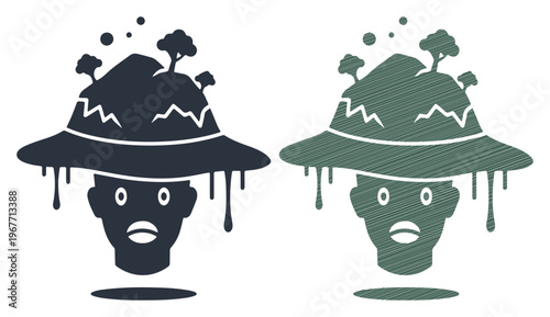 Global warming concept vector, melting mountain hat on human head, climate change awareness illustration