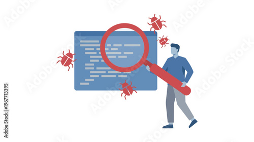 Man using magnifying glass to inspect bugs on computer screen. Vector Illustrations. EPS Editable