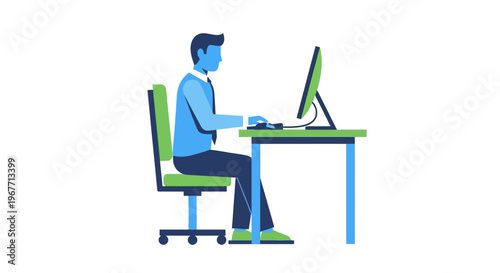 Man sitting at desk working computer. Vector Illustrations. EPS Editable