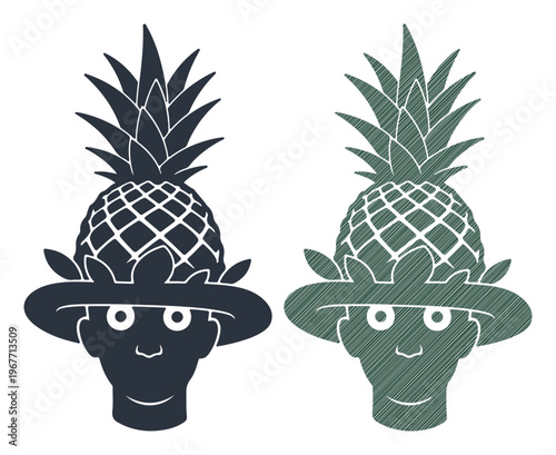 Surreal pineapple head character vector, tropical fruit man silhouette, quirky summer mascot icons