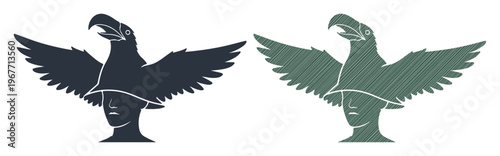 Mythological raven helmet vector, ancient warrior goddess silhouette, crow head crest emblem set