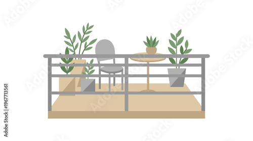 Minimalist Balcony with Potted Plants and Outdoor Furniture. Vector Illustrations. EPS Editable
