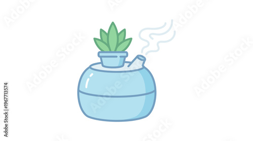 Minimalist Blue Humidifier with Green Plant and Steam Illustration. Vector Illustrations. EPS Editable
