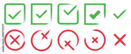 Grunge vector  check mark and cross element. Grunge green check mark and red cross mark icon set. Grunge brush style check mark and cross icon set. Vector illustration 