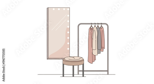 Minimalist dressing room with clothes rack mirror and stool. Vector Illustrations. EPS Editable