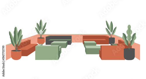 Modern office furniture with green chairs. Vector Illustrations. EPS Editable