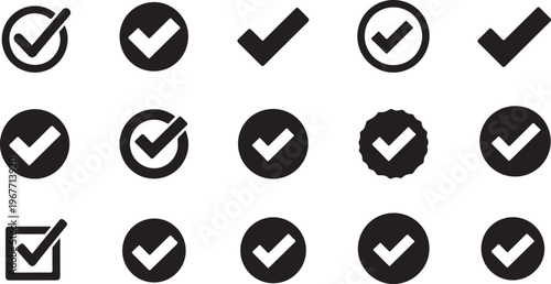 Collection of various checkmark and tick icons on white